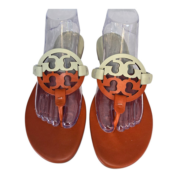 Tory Burch Miller Soft Sandal Bicolor Flat Thong In Spring Spice / Pinefrost  9 - Picture 1 of 9